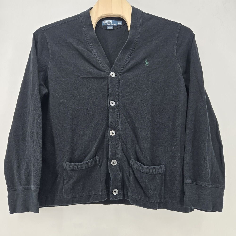 VTG Polo Ralph Lauren Cardigan Knit Sweater Sz XXL 2XL Black Green Pony Academia